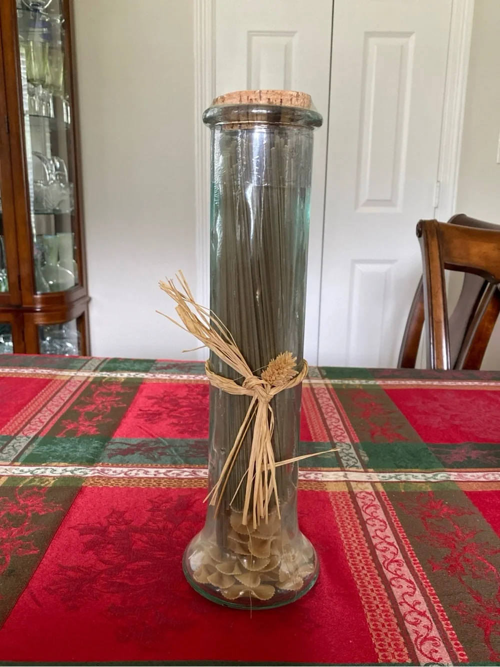 Vintage Pier 1 Green Glass Spaghetti Pasta Storage Jar Natural Raffia Accent New